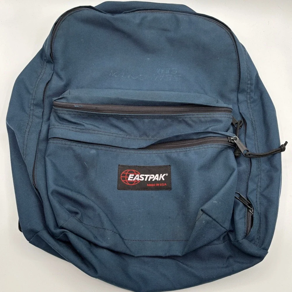 Eastpak Backpack Navy Blue Made in USA Vintage Canvas School Bag 2 Pocket